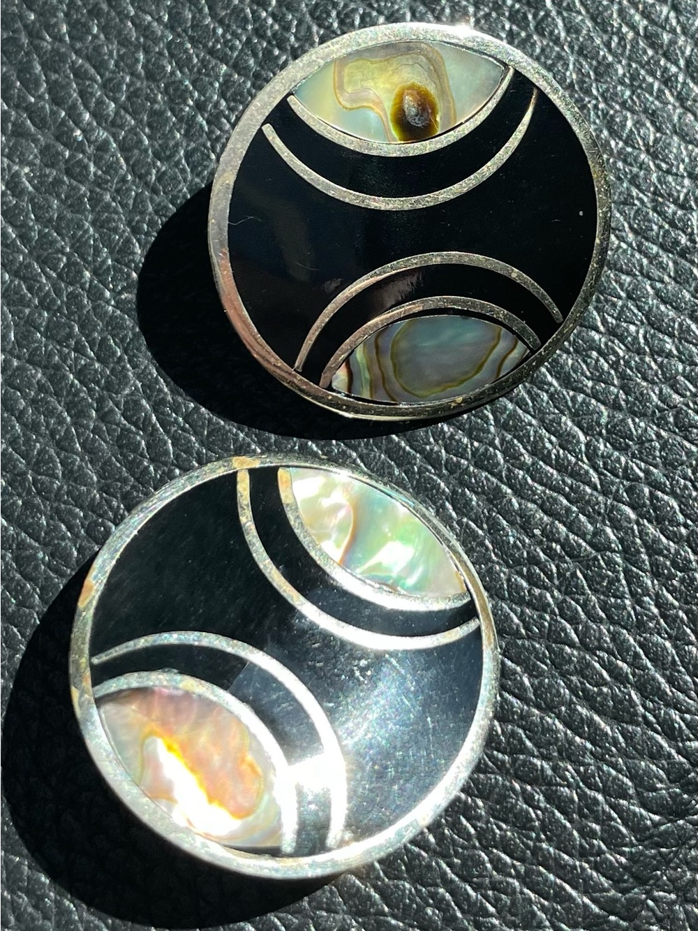 Vintage Alpaca Mexico Geometric Round Abalone Black Enamel Clip Earrings